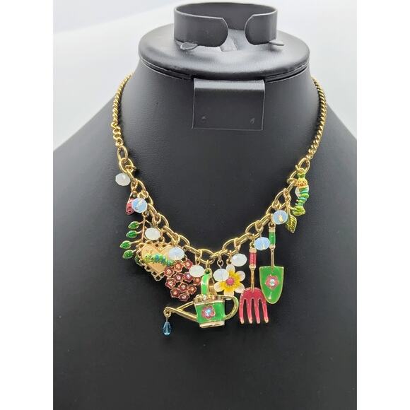 Betsey Johnson Garden Party Gold Tone Charm Dangle 15.75"-18.75" Necklace - Picture 1 of 9